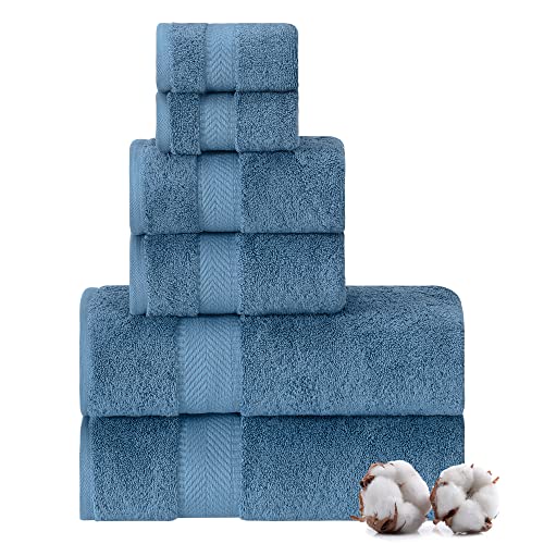 TEXTILOM 100% Turkish Cotton 6 Pcs Bath Towel Set, Luxury Bath Towels for Bathroom, Soft & Absorbent Bathroom Towels Set (2 Bath Towels, 2 Hand Towels, 2 Washcloths)- Mid Blue