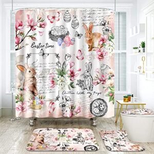 easter shower curtain sets with non-slip bathroom rugs, toilet lid cover, bath mat, spring bunny and butterfly shower curtain sets with hooks, cute easter shower curtains for bathroom decoration