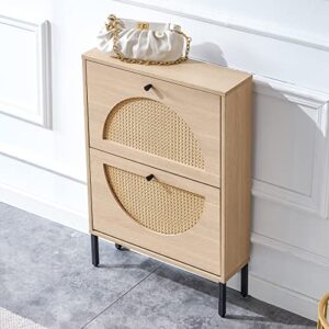 shoe storage cabinet, wekity rattan shoe cabinet with 2 flip drawers, narrow free standing shoe cabinet for heels slippers boots, wood shoe storage organizer for entryway hallway 6x23x31 inch (nature)