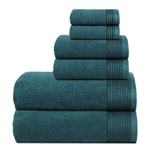 belizzi home 100% cotton ultra soft 6 pack towel set, contains 2 bath towels 28x55 inchs, 2 hand towels 16x24 inchs & 2 washcloths 12x12 inchs, compact lightweight & highly absorbant - teal