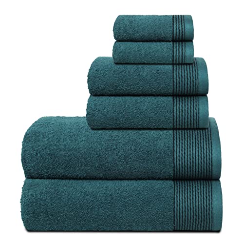 BELIZZI HOME 100% Cotton Ultra Soft 6 Pack Towel Set, Contains 2 Bath Towels 28x55 inchs, 2 Hand Towels 16x24 inchs & 2 Washcloths 12x12 inchs, Compact Lightweight & Highly Absorbant - Teal