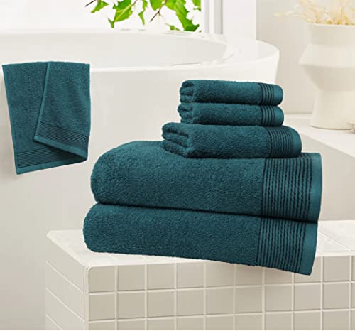 BELIZZI HOME 100% Cotton Ultra Soft 6 Pack Towel Set, Contains 2 Bath Towels 28x55 inchs, 2 Hand Towels 16x24 inchs & 2 Washcloths 12x12 inchs, Compact Lightweight & Highly Absorbant - Teal