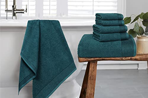 BELIZZI HOME 100% Cotton Ultra Soft 6 Pack Towel Set, Contains 2 Bath Towels 28x55 inchs, 2 Hand Towels 16x24 inchs & 2 Washcloths 12x12 inchs, Compact Lightweight & Highly Absorbant - Teal