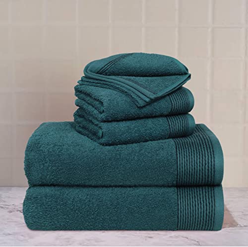 BELIZZI HOME 100% Cotton Ultra Soft 6 Pack Towel Set, Contains 2 Bath Towels 28x55 inchs, 2 Hand Towels 16x24 inchs & 2 Washcloths 12x12 inchs, Compact Lightweight & Highly Absorbant - Teal