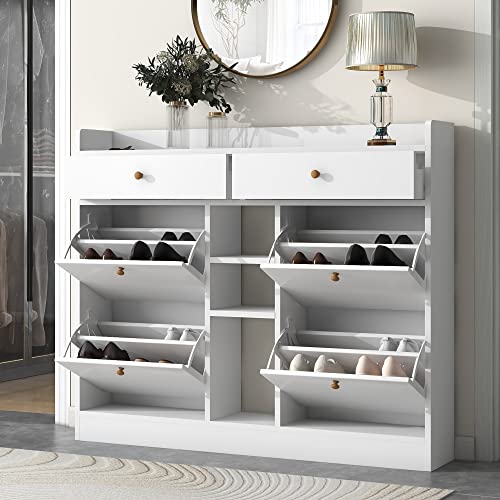 Knocbel Entryway Shoe Storage Cabinet with 2 Drawers, Hidden Shoes Rack and Adjustable Shelf, Entrance Hallway Foyer Table Free Standing Organizer Unit (White)