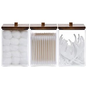 tbestmax 3 pack qtip holder - 12 oz bathroom organizer and storage containers, plastic square apothecary jars with black bamboo lids for cotton ball, cotton swab, floss