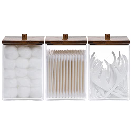 Tbestmax 3 Pack Qtip Holder - 12 oz Bathroom Organizer and Storage Containers, Plastic Square Apothecary Jars with Black Bamboo Lids for Cotton Ball, Cotton Swab, Floss