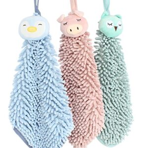 wingoffly 3pcs absorbent hand towel set chenille microfiber soft kitcken wash towel with rope hanging, pig + owl + penguin