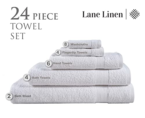 LANE LINEN White Bath Towels for Bathroom Set-24 PC Bathroom Oversize 2 Sheets Large 4 Towel 6 Hand 8 Washcloths Fingertip Towels-White Towels Sets