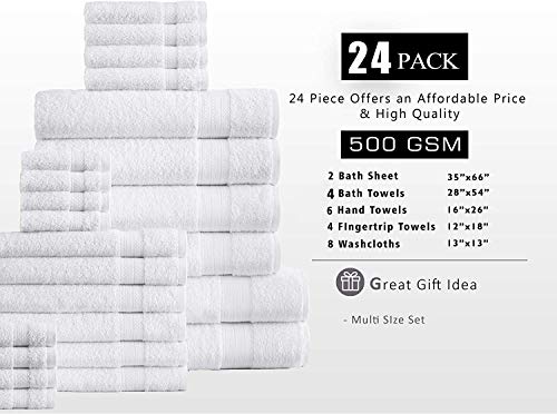 LANE LINEN White Bath Towels for Bathroom Set-24 PC Bathroom Oversize 2 Sheets Large 4 Towel 6 Hand 8 Washcloths Fingertip Towels-White Towels Sets