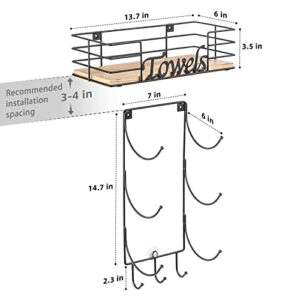 Towel Racks for Bathroom, Towel Holder Wall Mounted for Small Bathroom Wall, Roll Towel Rack with 3 Towel Hooks and Wooden Shelf, Drilling and No-Drill Installation Options Available, Black