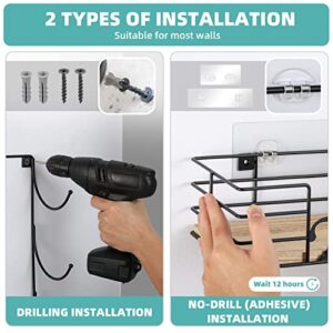 Towel Racks for Bathroom, Towel Holder Wall Mounted for Small Bathroom Wall, Roll Towel Rack with 3 Towel Hooks and Wooden Shelf, Drilling and No-Drill Installation Options Available, Black