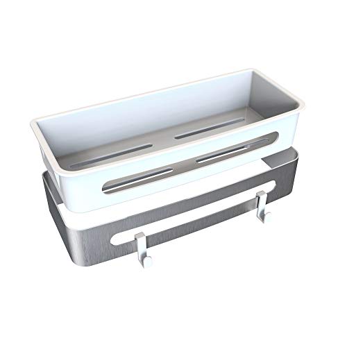 Mihom Shower Caddy Basket Rectangle Shelf With Hooks for Hanging Sponge, With two install ways for customers option of No Drilling holes Wall Mounted Bathroom Shelves, SUS304 Stainless Steel
