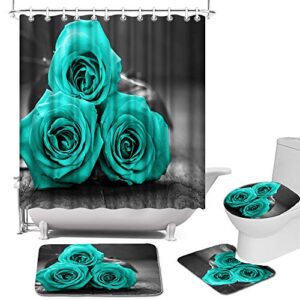 atgowac 4 pieces flower shower curtain sets with rugs, teal blue and grey rose flower shower curtain and flower bath mat, set of 4 piece