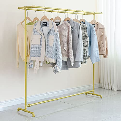 CIVANA Industrial Pipe Clothing Rack, Gold Garment Rack with Wheels, Commercial Clothes Hanging Rod, Home Cloth Organizer, Steampunk Display Hanger for Boutique/Laundry, 63in