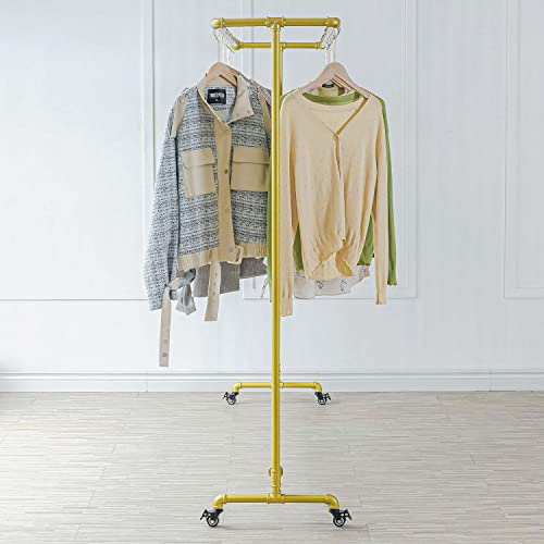 CIVANA Industrial Pipe Clothing Rack, Gold Garment Rack with Wheels, Commercial Clothes Hanging Rod, Home Cloth Organizer, Steampunk Display Hanger for Boutique/Laundry, 63in