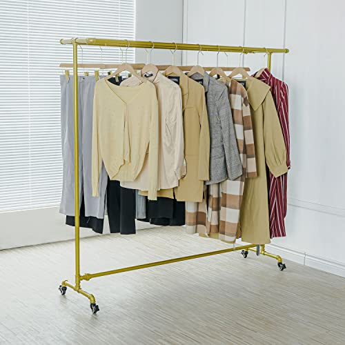 CIVANA Industrial Pipe Clothing Rack, Gold Garment Rack with Wheels, Commercial Clothes Hanging Rod, Home Cloth Organizer, Steampunk Display Hanger for Boutique/Laundry, 63in