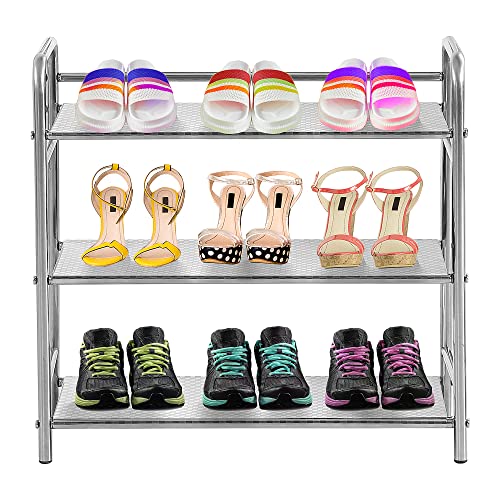 susunnus Shoe Rack 3 Tier Shoe Organizer Stainless Steel Small Shoe Rack Organizer Shoe Storage Free Standing Shoe Racks Shoe Rack for Entryway, Hallway,Closet(Sliver)