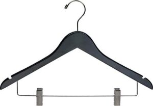 black wooden combo hangers with adjustable cushion clips, space saving flat 17 inch hanger with chrome swivel hook & notches (set of 25) by the great american hanger company