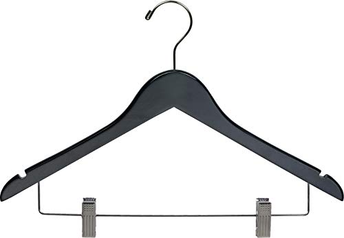 Black Wooden Combo Hangers with Adjustable Cushion Clips, Space Saving Flat 17 Inch Hanger with Chrome Swivel Hook & Notches (Set of 25) by The Great American Hanger Company