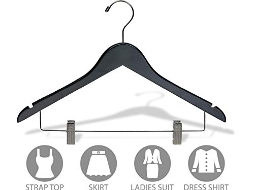 Black Wooden Combo Hangers with Adjustable Cushion Clips, Space Saving Flat 17 Inch Hanger with Chrome Swivel Hook & Notches (Set of 25) by The Great American Hanger Company