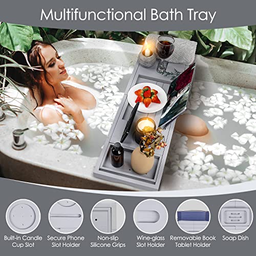 Foldable Bathtub Caddy Tray, Bamboo Bath Tub Tray Table for Tub with Wine Glass Holder Book Phone Tablet Holder with Extending Sides, Adjustable Bathroom Bathtub Free Soap Holder Gift Idea (Grey)