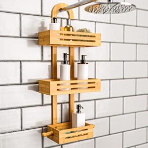 3 tray bamboo shower caddy, the perfect over shower head or over door shower caddy. unique among shower caddies, it comes with an additional hook, allowing it to be hung anywhere in your shower