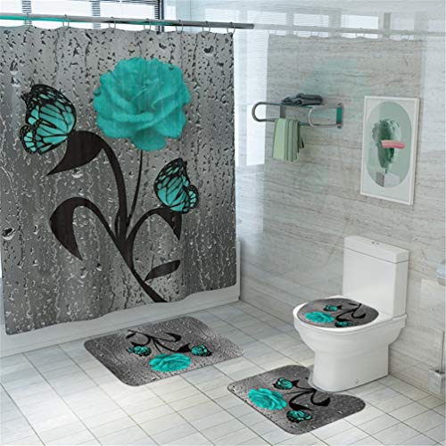 Taeamjone Teal Rose Shower Curtain Set Butterfly Bathroom Curtain with Non-Slip Rug, Toilet Lid Cover and Bath Mat, Rose Shower Curtain with 12 Hooks, Waterproof Raindrops Shower Curtain for Bathroom