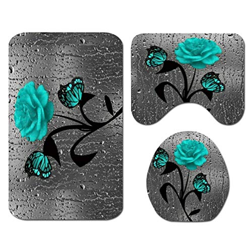 Taeamjone Teal Rose Shower Curtain Set Butterfly Bathroom Curtain with Non-Slip Rug, Toilet Lid Cover and Bath Mat, Rose Shower Curtain with 12 Hooks, Waterproof Raindrops Shower Curtain for Bathroom