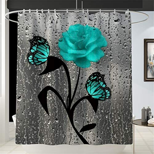 Taeamjone Teal Rose Shower Curtain Set Butterfly Bathroom Curtain with Non-Slip Rug, Toilet Lid Cover and Bath Mat, Rose Shower Curtain with 12 Hooks, Waterproof Raindrops Shower Curtain for Bathroom