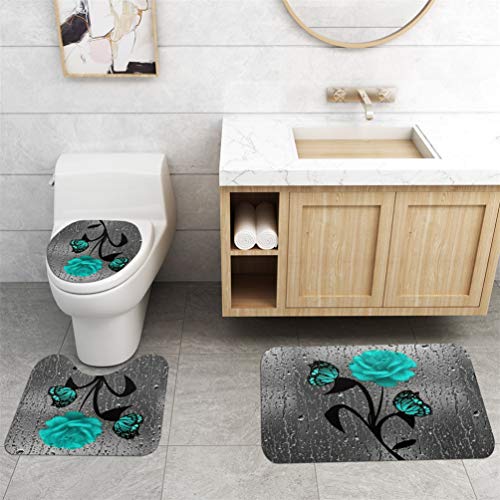 Taeamjone Teal Rose Shower Curtain Set Butterfly Bathroom Curtain with Non-Slip Rug, Toilet Lid Cover and Bath Mat, Rose Shower Curtain with 12 Hooks, Waterproof Raindrops Shower Curtain for Bathroom
