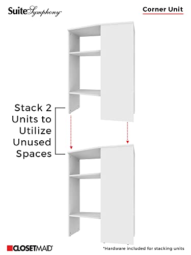 ClosetMaid SuiteSymphony Wood Corner Shelf Unit, 2 Shelves, Adjustable, Stacking, For Storage, Closet, Clothes, Shoes, Décor, Pure White, 41.13" X 19.63" X 31.75" Corner Unit