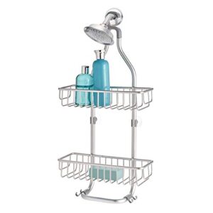 idesign metro metal hanging shower caddy for shampoo, conditioner, and soap with hooks for razors, towels, loofahs, and more, 12" x 5" x 26.5" - silver