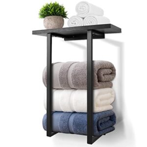 wellsign towel racks for bathroom wall mounted, metal towel holders with black wooden shelf, rolled bath towel and hand towels holder storage and organization for bathroom, rv, camper