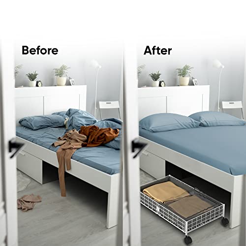 Under Bed Storage Containers With Wheels, Under Bed Storage With Wheels, Rolling Underbed Storage, With Bag-Under Bed Storage Containers, Under Bed Storage for Clothes, Shoes, Blankets, 2in1 (White)