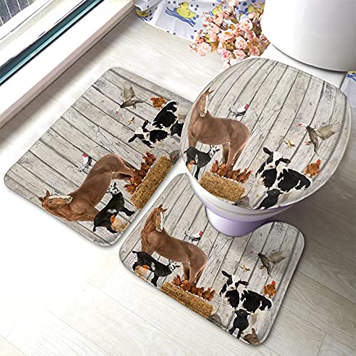 Wondertify Wooden Wall Bathroom Antiskid Pad Farm Little Animals Horse Cow 3 Pieces Bathroom Rugs Set, Bath Mat+Contour+Toilet Lid Cover