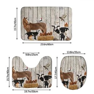 Wondertify Wooden Wall Bathroom Antiskid Pad Farm Little Animals Horse Cow 3 Pieces Bathroom Rugs Set, Bath Mat+Contour+Toilet Lid Cover