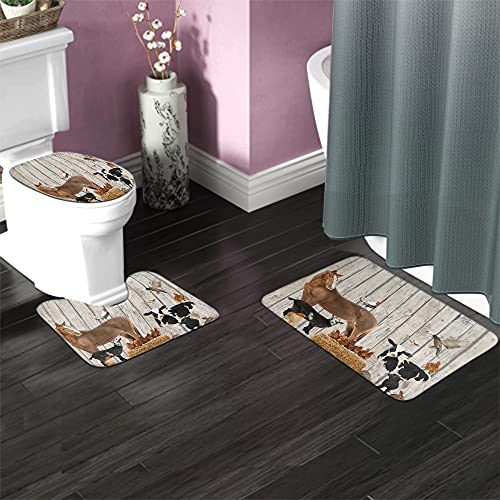 Wondertify Wooden Wall Bathroom Antiskid Pad Farm Little Animals Horse Cow 3 Pieces Bathroom Rugs Set, Bath Mat+Contour+Toilet Lid Cover