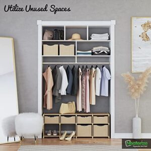 Closet Organizer and Storage Unit. Includes 8 Fabric Storage Bins. DIY Organizer Shelf For Clothes, Toys, Underhanging Closet Storage. Used in Closet, Hallway and Bedroom. (Beige)