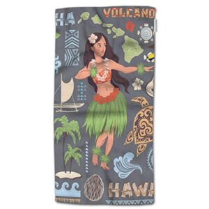 HGOD DESIGNS Hand Towel Hawaii,Vintage Set of Hawaiian Icons and Symbols Girl Guitar Volcanic Hand Towel Best for Bathroom Kitchen Bath and Hand Towels 30" Lx15 W