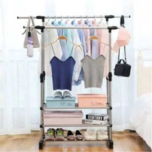 clothes rack,rolling rack for clothes,clothes racks for hanging clothes,with double rods, it can be retracted up and down, left and right, with three layers of shelves