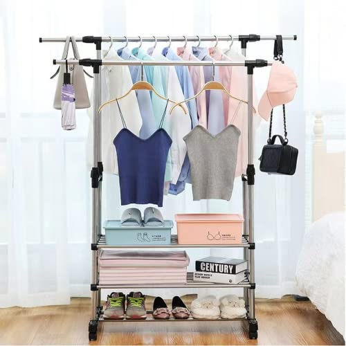 Clothes Rack,Rolling Rack for Clothes,Clothes Racks for Hanging Clothes,With Double Rods, It Can Be Retracted up and down, Left and Right, with Three Layers of Shelves