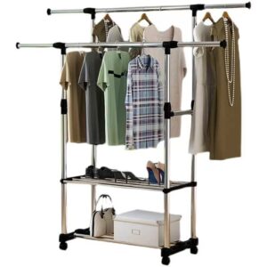 Clothes Rack,Rolling Rack for Clothes,Clothes Racks for Hanging Clothes,With Double Rods, It Can Be Retracted up and down, Left and Right, with Three Layers of Shelves