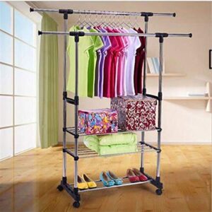 Clothes Rack,Rolling Rack for Clothes,Clothes Racks for Hanging Clothes,With Double Rods, It Can Be Retracted up and down, Left and Right, with Three Layers of Shelves