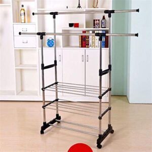 Clothes Rack,Rolling Rack for Clothes,Clothes Racks for Hanging Clothes,With Double Rods, It Can Be Retracted up and down, Left and Right, with Three Layers of Shelves