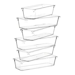 clear plastic drawer organizers set, organizer trays for kitchen drawers set of 6, vanity organizer for bathroom, makeup, kitchen utensils and office, 9 x 3 x 2in