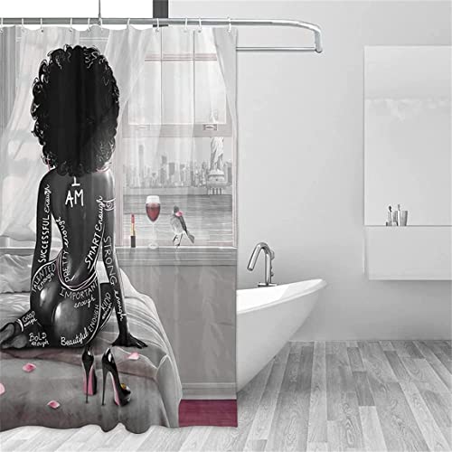 Byitre 4PCS Shower Curtain Set with Rugs,Toilet Lid Cover and U-Shaped Mat,African American Shower Curtains for Bathroom Waterproof Polyester Black Women Bathroom Sets, 71'' x 71''