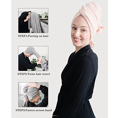 Pack of 2, Large Microfiber Hair Towels for Women-Super Absorbent & Quick Dry Hair Drying Towel- Hair Towel Wrap for Curly Hair Long & Short Hair- Anti-Frizz Hair Turbans for Wet Hair (Gray & Pink)