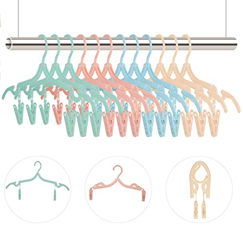 12 Pcs Folding Clothes Hangers, Portable Travel Clothes Hangers with Clips Plastic Non-Slip Pants Skirts Underwear Clothes Hangers Drying Rack for Home Outdoor Travel (Solid Color-12Pcs)