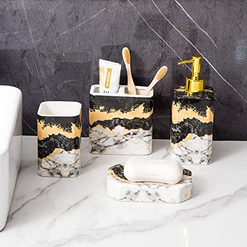 Marble Accessories Set, Black and White Marble Ceramic Decorative Small Trash Can Wastebasket, Garbage Container Bin for Bathrooms, Powder Rooms, Kitchens, Home Offices